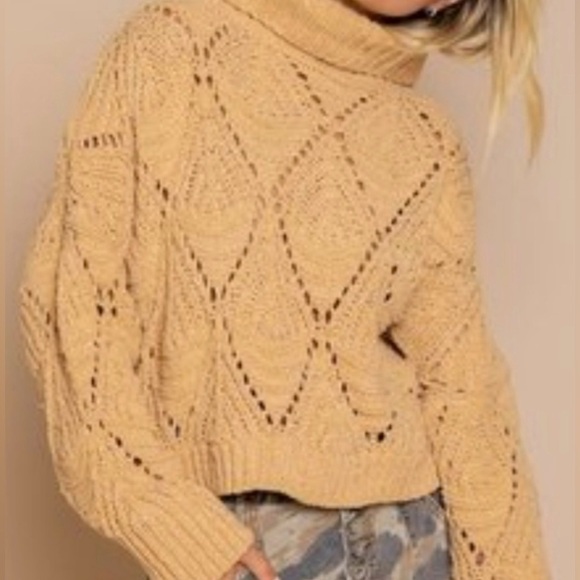 POL Sweaters - POL Camel Cropped Eyelet Cutout Turtle Neck Sweater